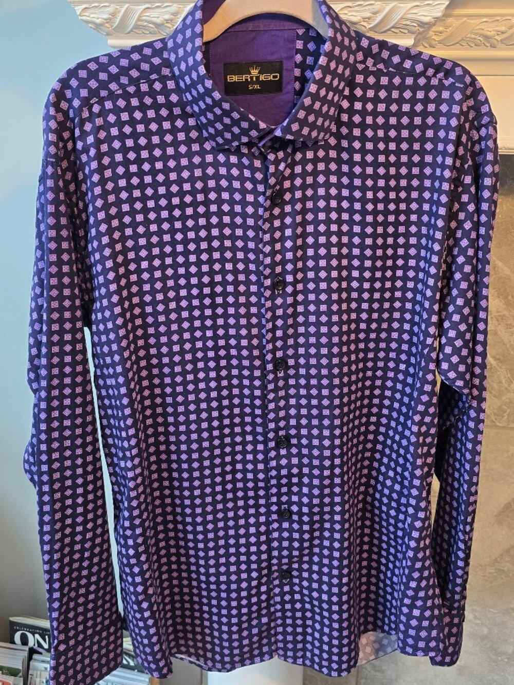 Bertigo Men's Luxury Geometric Dress Shirt Purple/Pink Size 5 / XL 100% Cotton